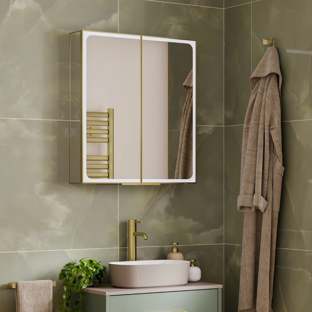 Lifestyle image of the hib. Euna 600mm x 700mm Brushed Brass LED Mirror Cabinet